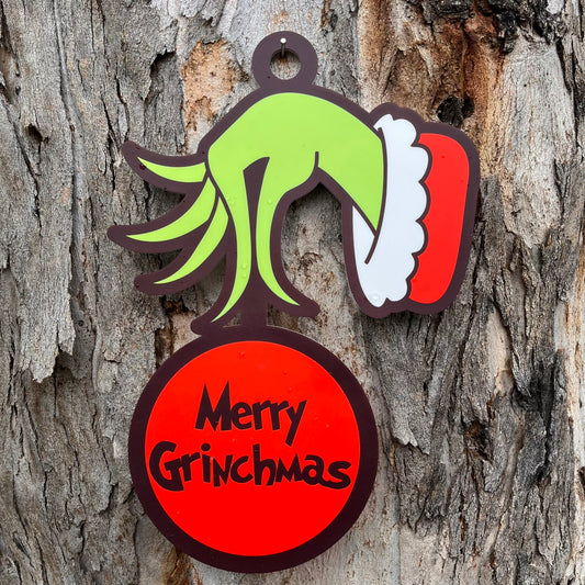 Personalised Grinch Hand holding Ornament Door Plaque