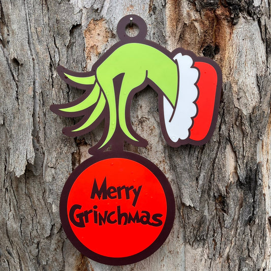 Personalised Grinch Hand holding Ornament Door Plaque - Webster Enterprises