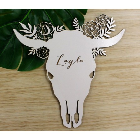 FLORAL COW SKULL NAME PLAQUE - M210