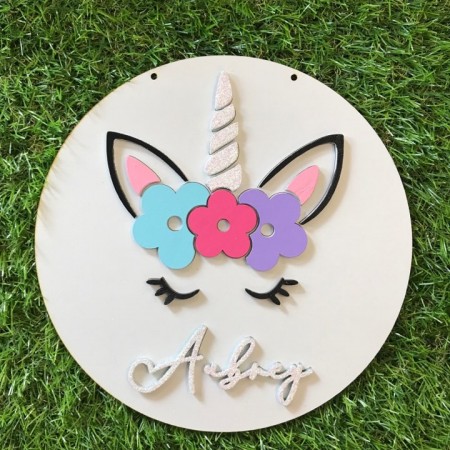 PERSONALISED 2D PAINTED & GLITTERED UNICORN WALL PLAQUE - BK016
