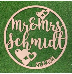 PERSONALISED MR & MRS CIRCLE NAME SIGN WITH HEARTS- PNR027