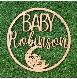 PERSONALISED BABY CIRCLE NAME SIGN WITH SLEEPY TEDDY - PNR029